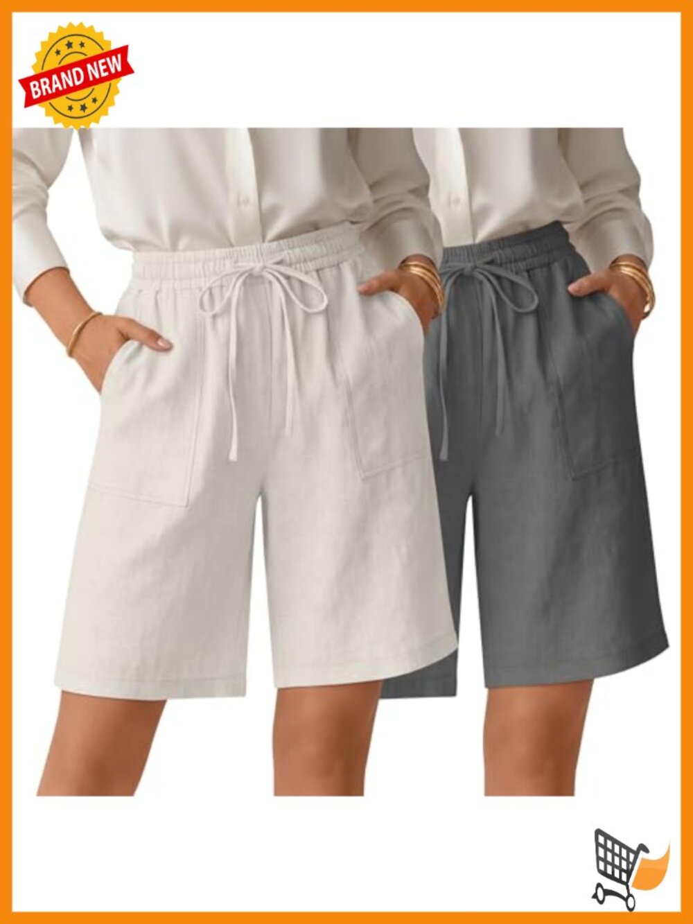 2 Pack Womens Linen Bermuda Shorts High Waisted Drawstring Wide Leg Knee Length